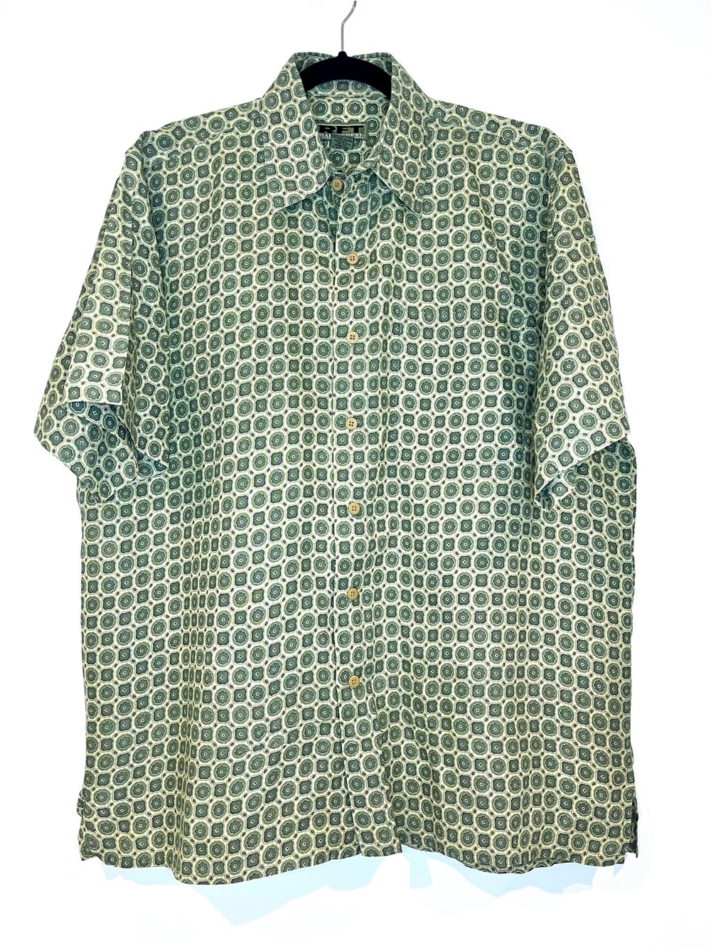 RFT Rainforest 100% Linen Green Geometric Print Button-Up Shirt XL